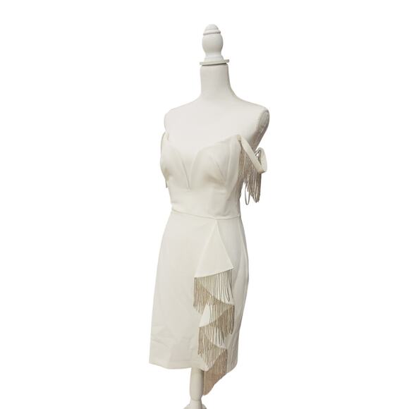 New with Tag! Marchesa Notte Embellished Fringed Mini Cocktail Dress in white - Picture 6 of 10